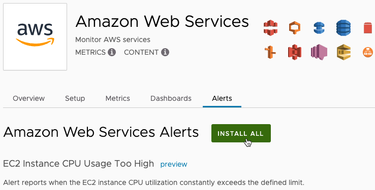 Screenshot that shows the Alerts tab of the AWS integration
