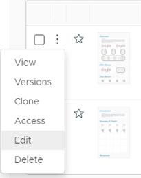 Dashboard Actions menu that contains the options View, Versions, Clone, Access, Edit, and Delete 
