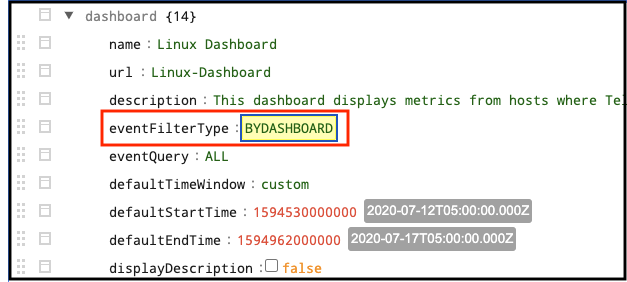 screenshot of JSON GUI, eventFilterType:BYDASHBOARD selected