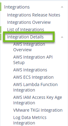 screenshot of doc set table of contents, integration details opened