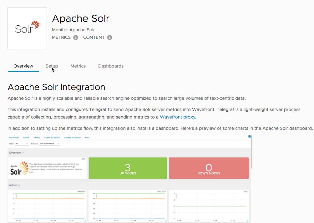 An image of the Apache Solr integration showing the Overview, Setup, Metrics, and Dashboards tabs.