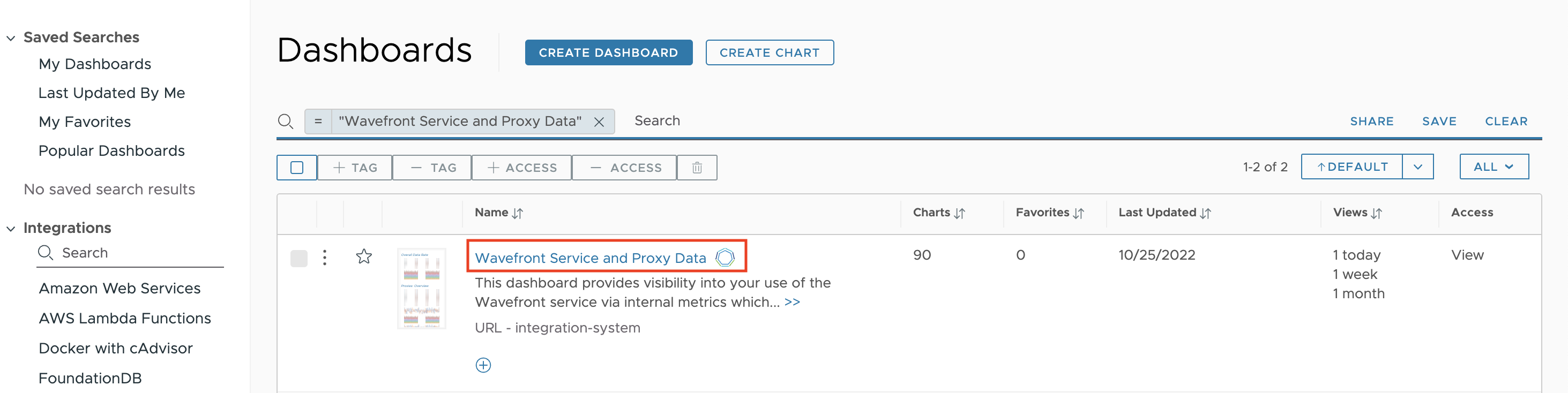 A screenshot of the results you get when you search for  the Operations for Applications Service and Proxy Data dashboard. 