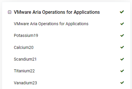 The VMware Cloud Services Status Page with expanded VMware Aria Operations for Applications.