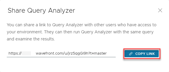 A screenshot of the Share Query Analyzer window with the Copy link button selected.