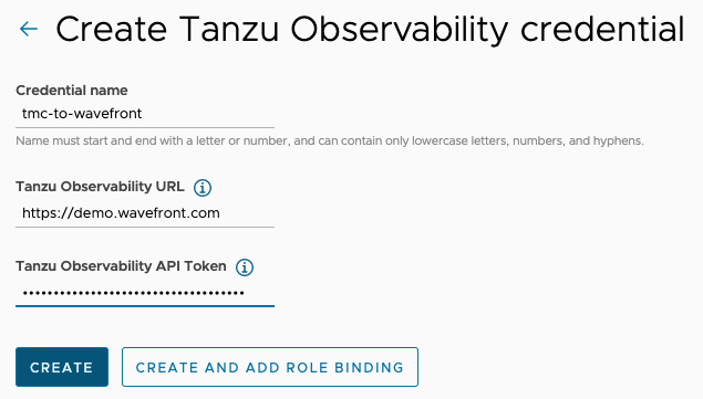 Create Tanzu Observability page with 3 fields filled in