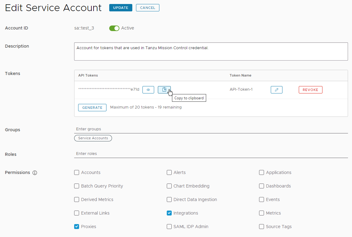 Edit Service account shows copy to clipboard. Integrations and Proxies permissions are selected